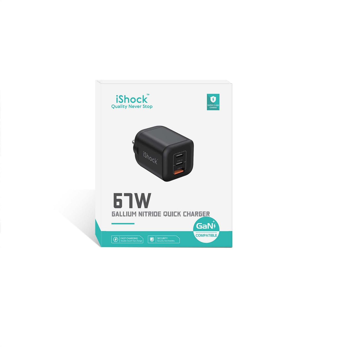 67W 3 Port 2 Type-C with 1 USB A Quick Charger GaN mini PD - Black