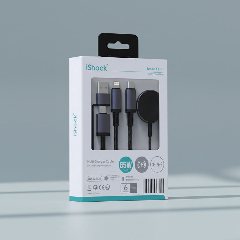 3-in-2 Multi Charger Braided Cable with Type-C/Lightning/Watch