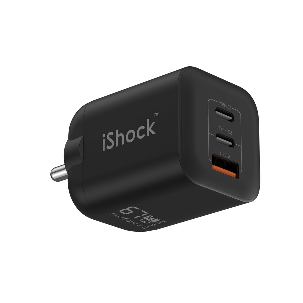 67W 3 Port 2 Type-C with 1 USB A Quick Charger GaN mini PD - Black