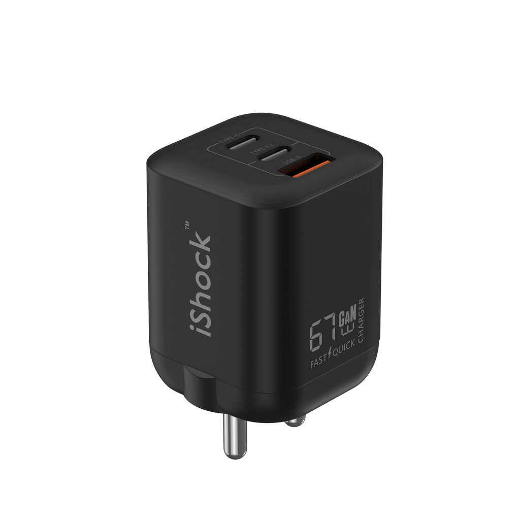 67W 3 Port 2 Type-C with 1 USB A Quick Charger GaN mini PD - Black