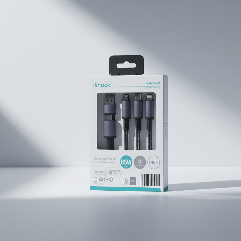 3-in-2 Multi Charger Braided Cable with Type-C/Lightning